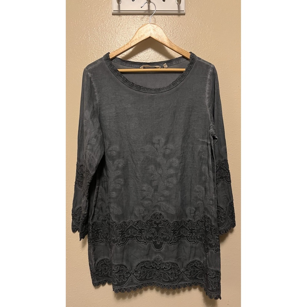 Soft Surroundings Embroidered Lace Tunic Cotton Lagenlook Artsy Boho Gray Size M